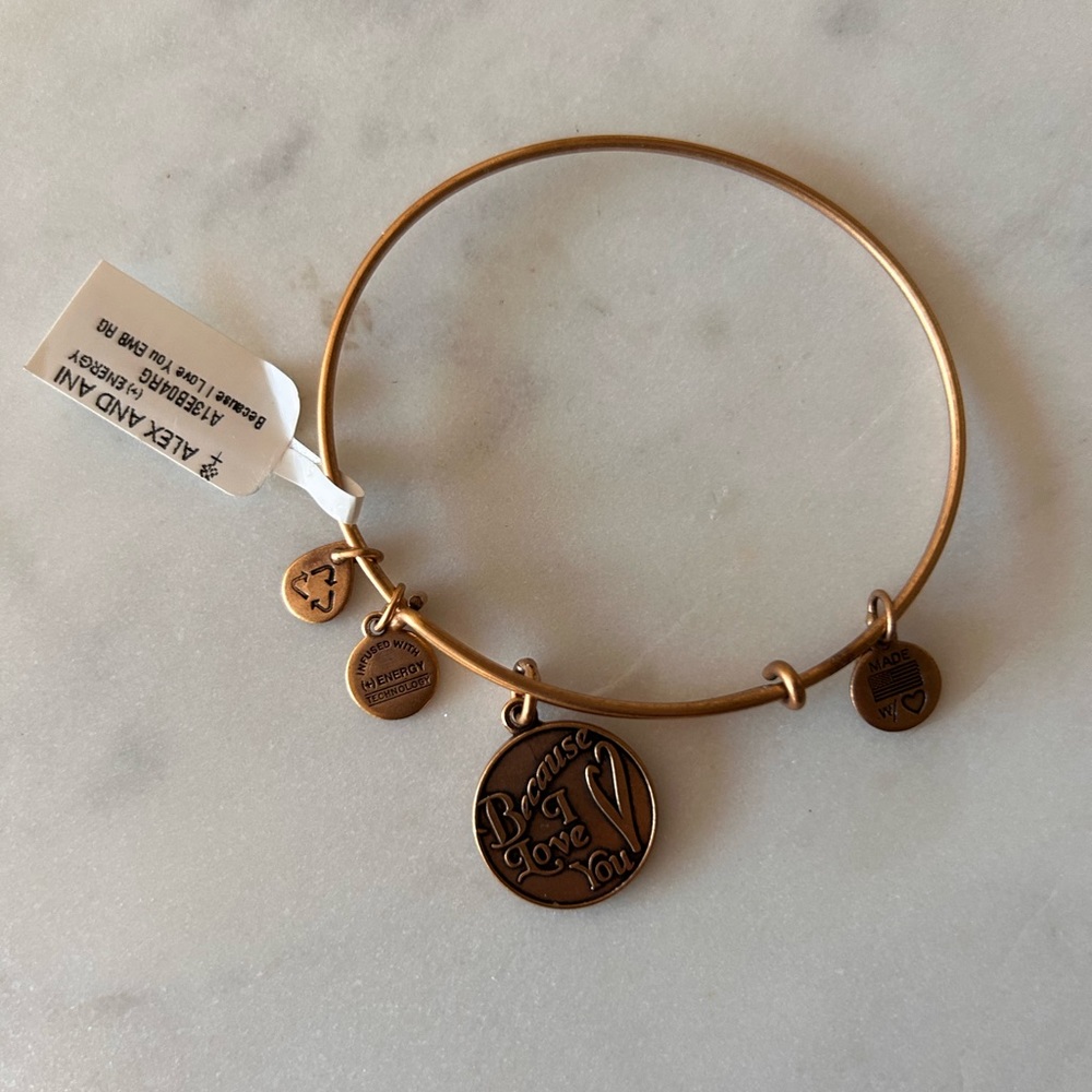 Alex and Ani “Because I Love You” 2014 NWT NIB antiqued gold tone bracelet
